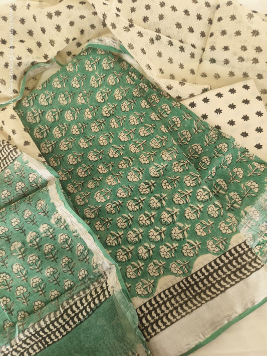Linen Cotton Salwar Dress Material  Hand Block Printed Green Colour