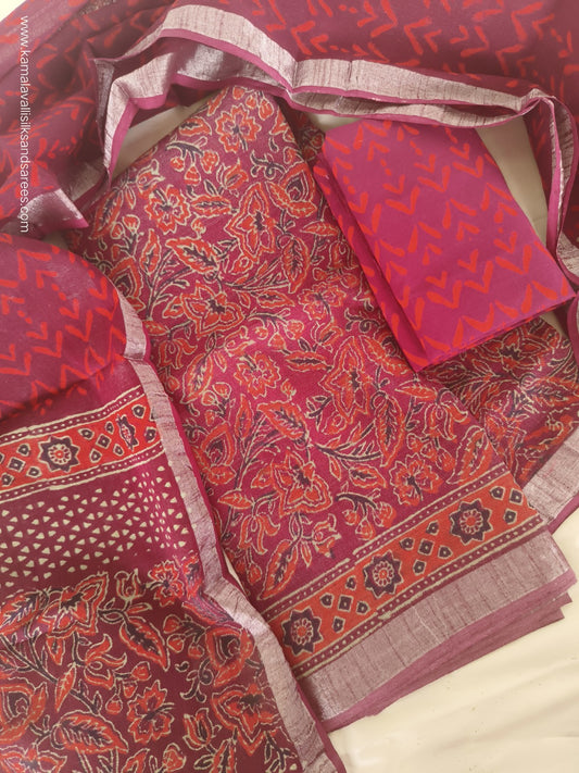 Linen Cotton Salwar Dress Material  Hand Block Printed Maroon Colour