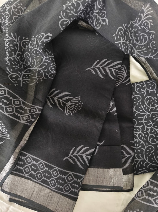 Linen Cotton Salwar Dress Material  Hand Block Printed Black Colour