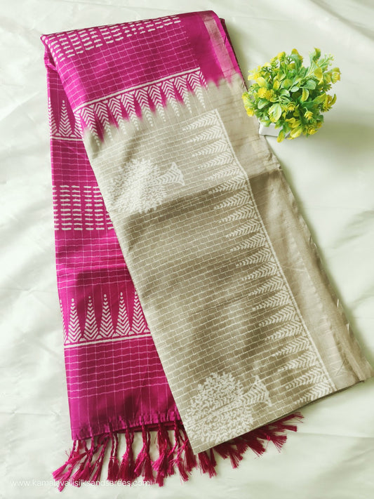 Semi Tussar Saree Beige and Pink Colour