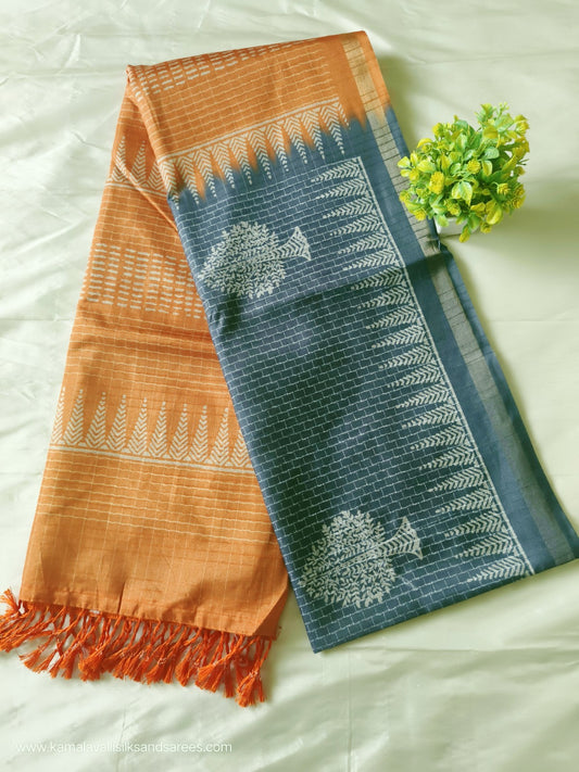 Semi Tussar Saree Grey and Orange Colour