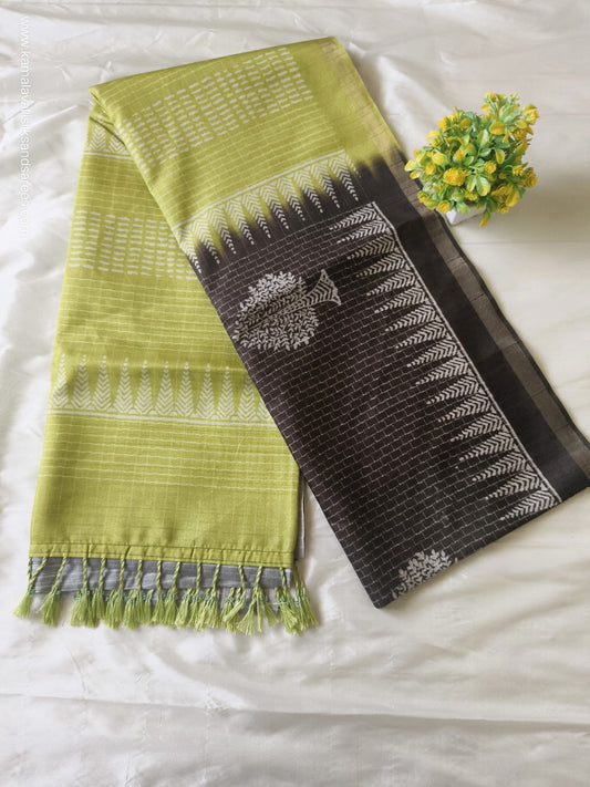 Semi Tussar Saree Charcoal Black and Lime Green Colour