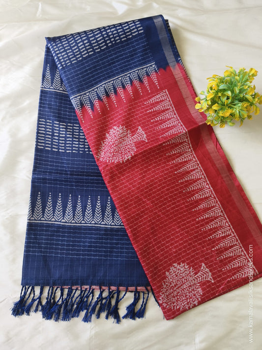 Semi Tussar Saree Red and Blue Colour
