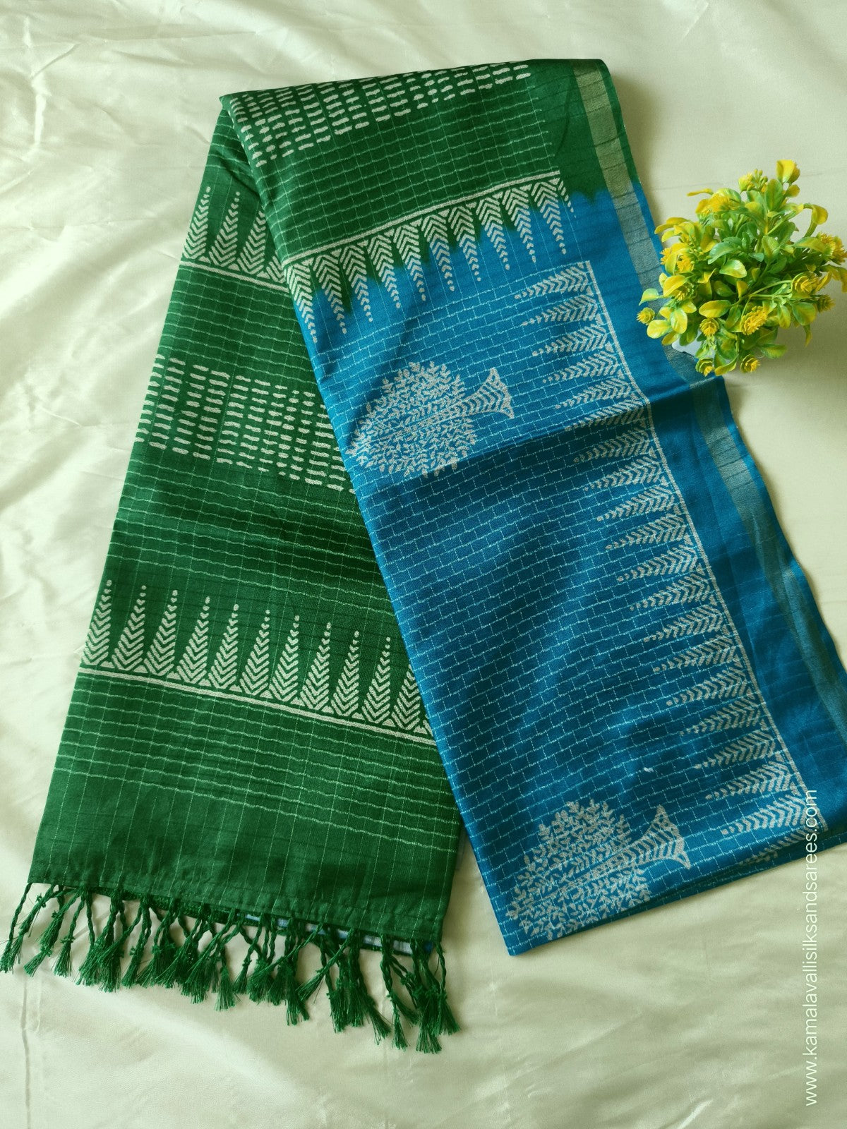 Semi Tussar Saree Green and Blue Colour