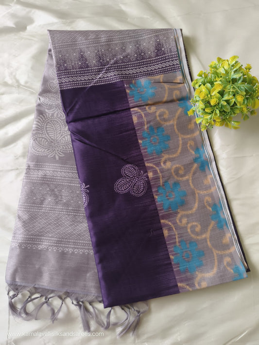 Semi Tussar Saree Dark Purple Colour