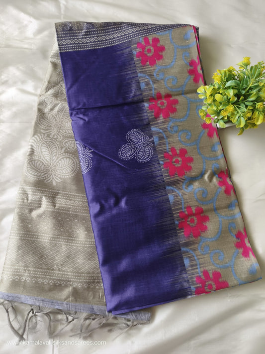 Semi Tussar Saree Blue Colour