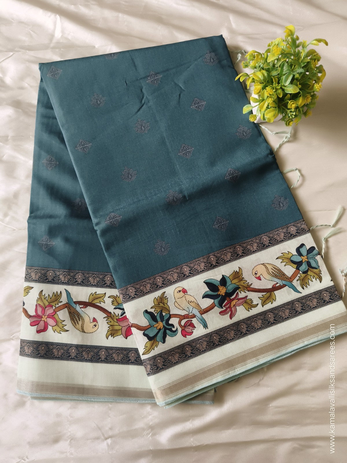 Semi Tussar Saree Teal Colour