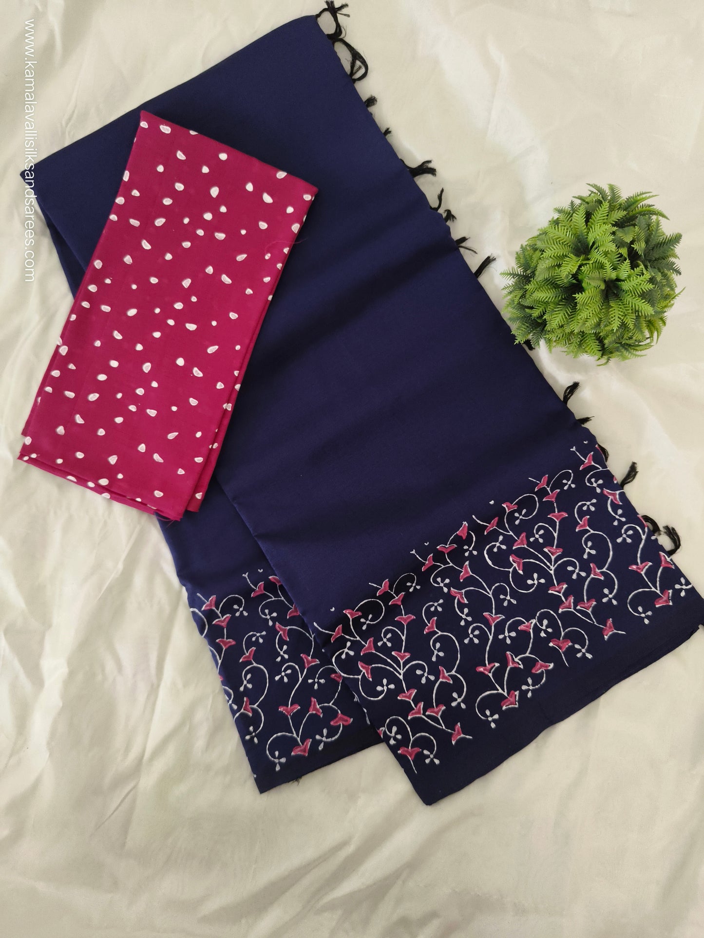 South Cotton Mix Block Printed Saree Royal Blue Colour with Rose colour contrast blouse