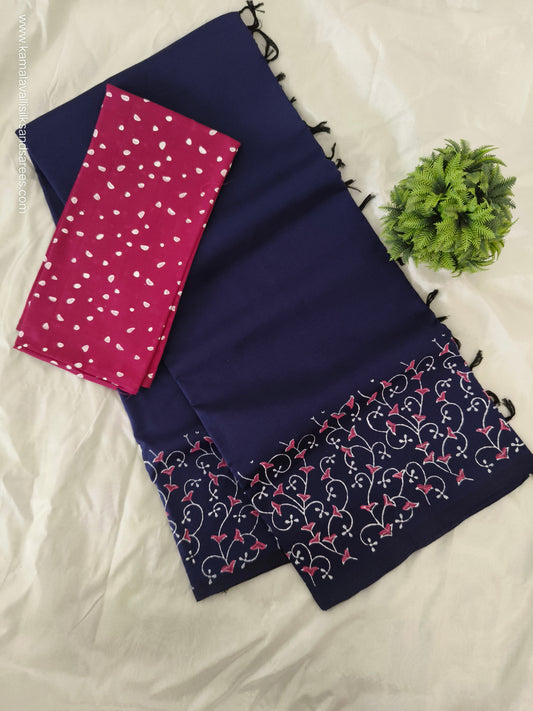 South Cotton Mix Block Printed Saree Royal Blue Colour with Rose colour contrast blouse