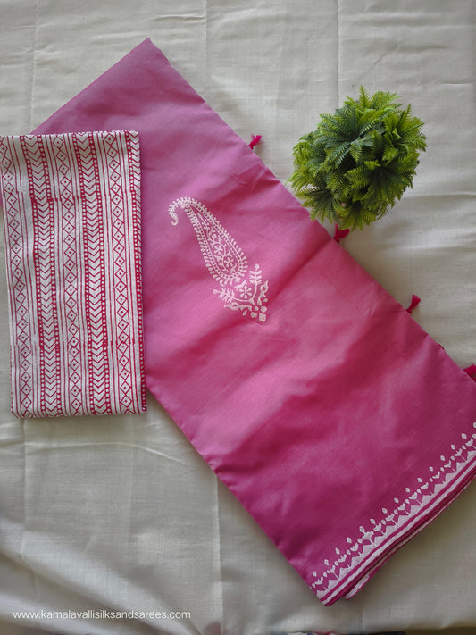 South Cotton Mix Block Printed Saree Pink colour with white and pink colour blouse