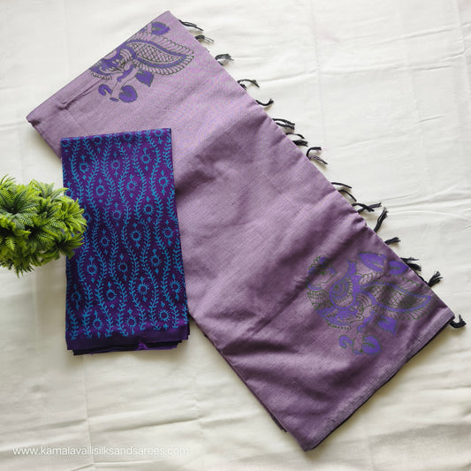 South Cotton Mix Block Printed Saree mild violet colour with Violet colour contrast blouse