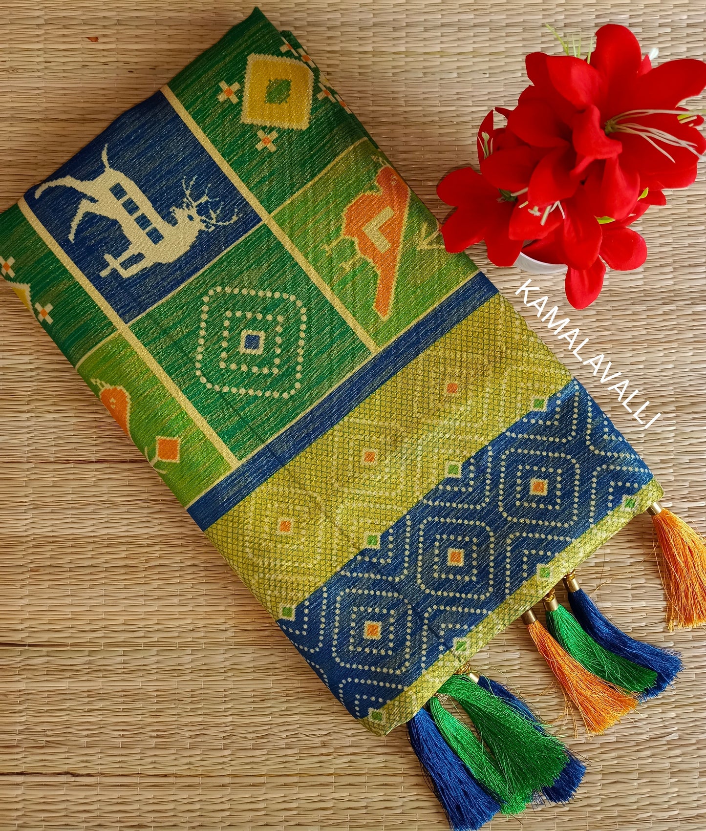 Linen Silk Saree Green Colour with deer and bird motif