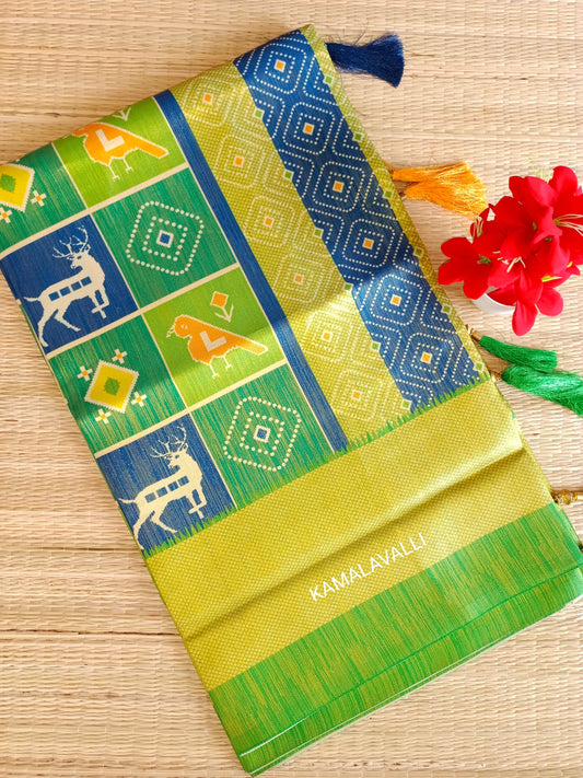 Linen Silk Saree Green Colour with deer and bird motif